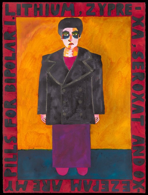 Josephine King, wearing a black jacket and a purple skirt. Ink painting by Josephine King, 2007.