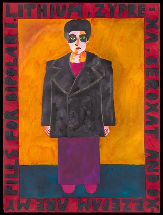 Josephine King, wearing a black jacket and a purple skirt. Ink painting by Josephine King, 2007.