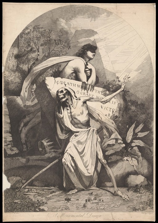 A man rises from behind a gravestone as a skeleton in a shroud attempts to keep it closed. Etching by J. Haynes after J. Mortimer.