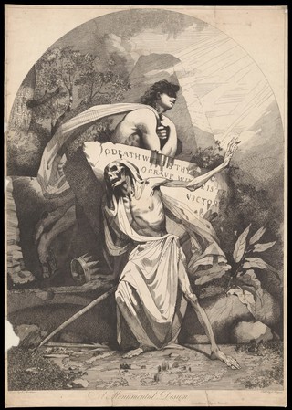 A man rises from behind a gravestone as a skeleton in a shroud attempts to keep it closed. Etching by J. Haynes after J. Mortimer.