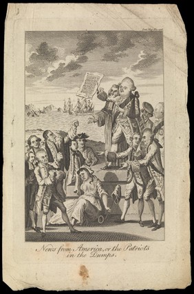 Lord North and the Earl of Mansfield stand on a platform addressing a group of distressed patriots beyond which ships of war sail and sink. Engraving, 1776.