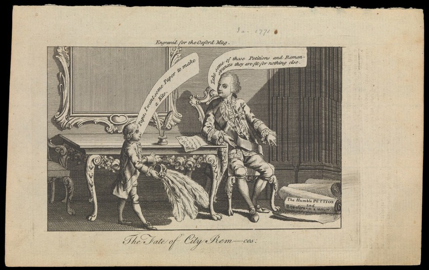 King George III sits at a table approached by his son, the Prince of Wales. Engraving, 1770.
