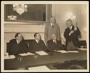 view Professor Yandell Henderson testifying before a U.S. Senate subcommittee that beers containing 3-4% alcohol by volume were not intoxicating. Photograph, 1932.