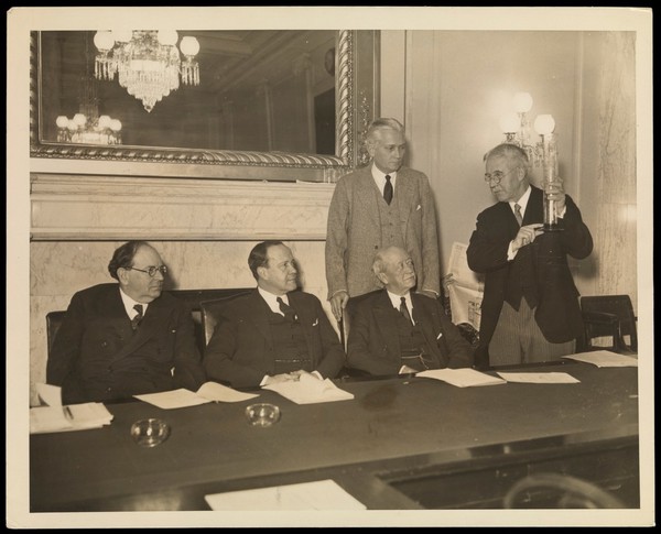 Professor Yandell Henderson testifying before a U.S. Senate subcommittee that beers containing 3-4% alcohol by volume were not intoxicating. Photograph, 1932.