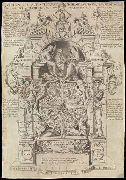 An architectural monument teaching mortality, including figures and symbols alluding to death. Etching by or after G. Fortuna.