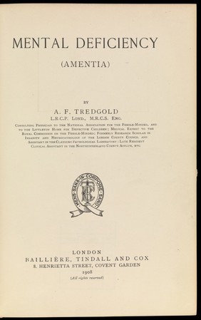 Title page of 'Mental Deficiency (Amentia)'.