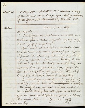 Letter from Daniel Hanbury to Alfred Russel Wallace. 