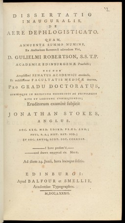 Dissertatio inauguralis, de aere dephlogisticato ... / / Eruditorum examini subjicit Jonathan Stokes.