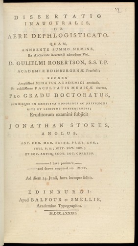 Dissertatio inauguralis, de aere dephlogisticato ... / / Eruditorum examini subjicit Jonathan Stokes.