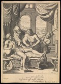 view Telephus (son of Hercules) cured of a potentially fatal wound with some rust from Achilles' spear, with which he had originally been wounded. Engraving after P. Brebiette, 16--.