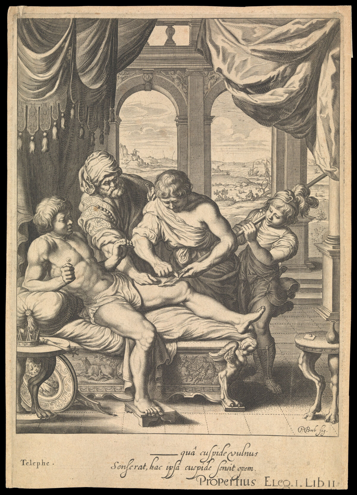 Telephus (son of Hercules) cured of a potentially fatal wound with some rust from Achilles' spear, with which he had originally been wounded. Engraving after P. Brebiette, 16--., [between 1600 and 1699], by Pierre Brébiette