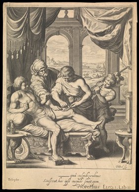 Telephus (son of Hercules) cured of a potentially fatal wound with some rust from Achilles' spear, with which he had originally been wounded. Engraving after P. Brebiette, 16--.