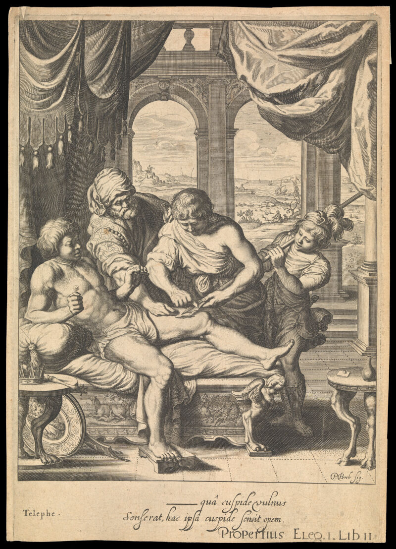 Telephus (son of Hercules) cured of a potentially fatal wound with some rust from Achilles' spear, with which he had originally been wounded. Engraving after P. Brebiette, 16--., [between 1600 and 1699], by Pierre Brébiette