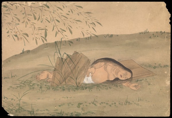 Kusōzu: the death of a noble lady and the decay of her body. Watercolours.