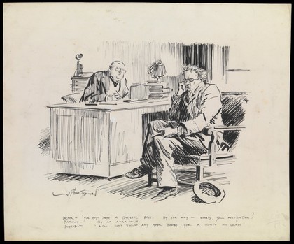 A doctor telling a man that he needs a complete rest from his occupation, which is anarchism. Drawing by B. Thomas, 1922.