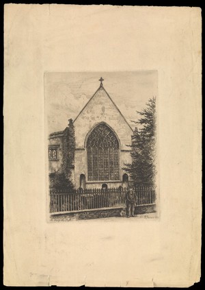 view Little Saint Mary's Church, Cambridge: exterior with a blind man begging for alms. Etching by R. Farren, 1880.