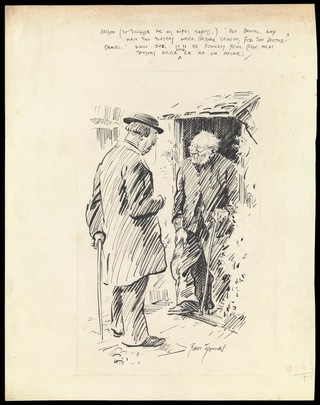 An aged rustic telling a clergyman that he is calling the physician to attend his wife only on the fortieth anniversary of her previous use of a physician. Drawing by B. Thomas, 1921.