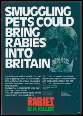 Rabies: a skull representing death from rabies imported into Great Britain. Colour lithograph, 1976.