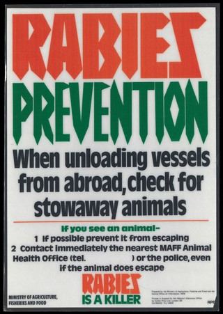 Rabies: check for stowaway animals to prevent the introduction of rabies into the British Isles. Colour lithograph, 1978.