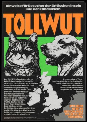 Rabies: a cat and a dog, at risk of bringing rabies into the British Isles from Germany. Colour lithograph, 1976.