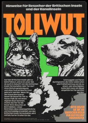 view Rabies: a cat and a dog, at risk of bringing rabies into the British Isles from Germany. Colour lithograph, 1976.