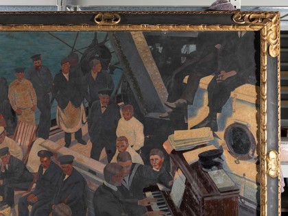 World War I: wounded sailors listening to musicians playing on board ship. Oil painting by Oswald Moser, ca. 1918.