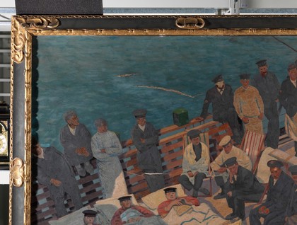 World War I: wounded sailors listening to musicians playing on board ship. Oil painting by Oswald Moser, ca. 1918.