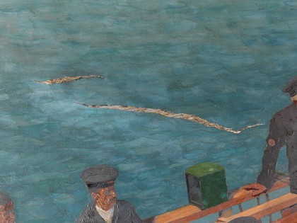 World War I: wounded sailors listening to musicians playing on board ship. Oil painting by Oswald Moser, ca. 1918.