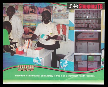 A woman behind a health facility counter displaying anti-tuberculosis drugs with tuberculosis and leprosy posters behind: tuberculosis and leprosy prevention in Kenya. Lithograph by Ministry of Public Health and Sanitation, 2009.