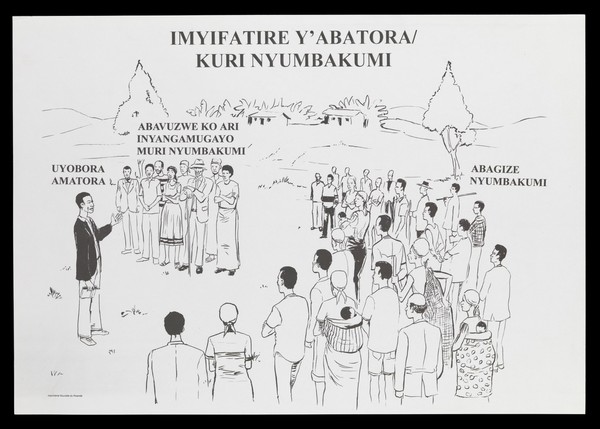 A man speaking to a crowd: democracy and governance in Rwanda. Lithograph, ca. 2001.