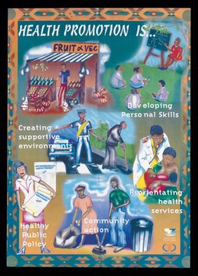 Images of health promotion: the National Health Promotion Forum in Kenya. Colour lithograph by Department of Health, ca. 2000.