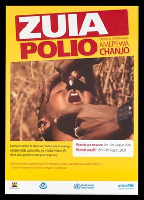 A child receiving a vaccine for polio in his mouth: polio prevention in Kenya. Colour lithograph by Ministry of Public Health and Sanitation, 2009.