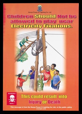 A boy's head touches an electric pylon as he attempts to retrieve his football on a ladder: public safety warning in Kenya. Colour lithograph by Kenya Power & Lighting Co., ca. 2000.