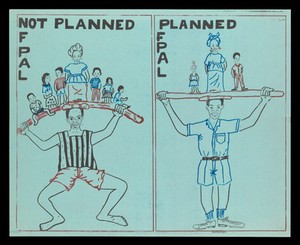 view Family planning in Liberia: a man struggling under the weight of his large family on his head, compared to a man easily bearing the weight of a small family. Colour lithograph by Nawo Press, ca. 2000.