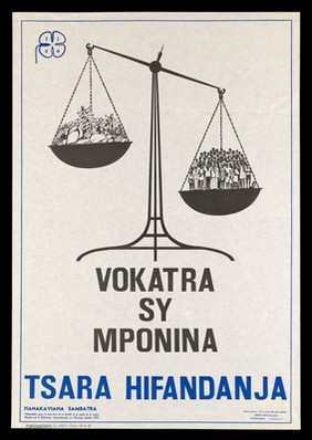 Scales bearing fruit and many people: family planning in Madagascar. Colour lithograph by Madagascan Family Planning Association, 1986.