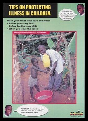 A father assists a boy who washes his hands from a container of water hanging from a branch: preventing illness in children in Uganda. Colour lithograph by Ministry of Health, 2002.