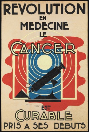 view A target, a microscope, and a microscope slide; representing a revolution in medicine leading to the cure of cancer. Gouache by E. Capet, 1938.