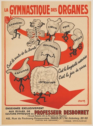 Organs of the body performing gymnastic exercises; representing courses in physical culture taught by Edmond Desbonnet. Colour lithograph.