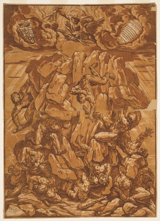 The fall of the giants. Colour woodcut by B. Coriolano, 1638, after G. Reni.