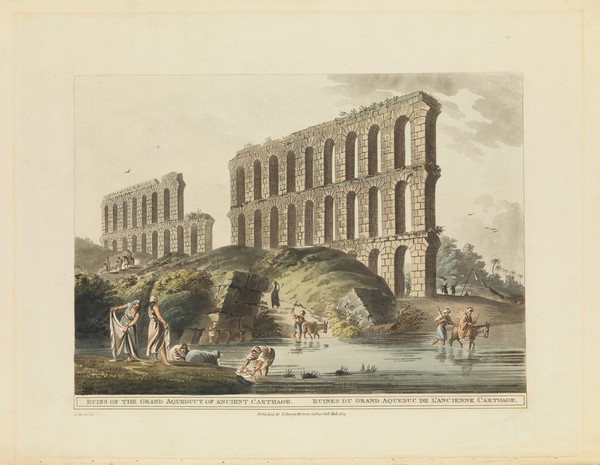 Ruins of the grand aqueduct of ancient Carthage. Coloured aquatint, 1803, after L. Mayer.