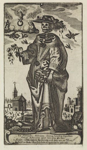 view A skeleton as a fashionably dressed woman. Engraving attributed to Gerhard Altzenbach, 16--.