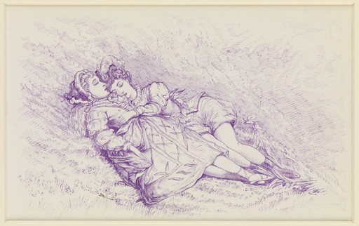 Pen and purple ink drawing of two women sleeping