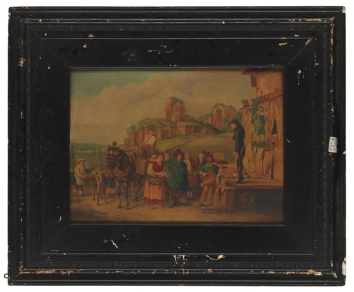 An itinerant medicine vendor in Rome. Oil painting after Karel Dujardin (1622-1678), date unknown. The vendor's stage is on the viewer's right, the audience is on the viewer's left (as in the painting in the Musée du Louvre)