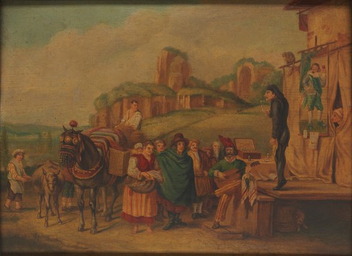 An itinerant medicine vendor in Rome. Oil painting after Karel Dujardin (1622-1678), date unknown. The vendor's stage is on the viewer's right, the audience is on the viewer's left (as in the painting in the Musée du Louvre)