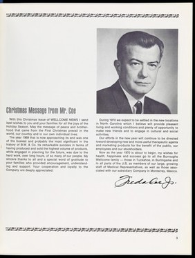 Christmas Message from Mr. Coe, Wellcome News, 1969 Issue.