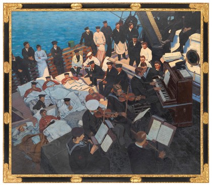 World War I: wounded sailors listening to musicians playing on board ship. Oil painting by Oswald Moser, ca. 1918.