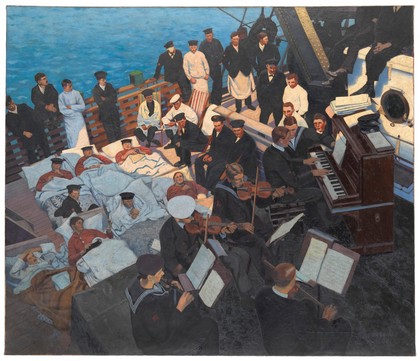 World War I: wounded sailors listening to musicians playing on board ship. Oil painting by Oswald Moser, ca. 1918.