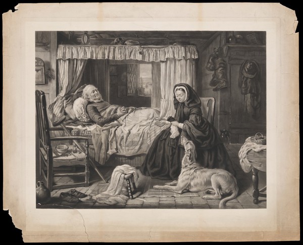A dying fisherman lying in bed is being consoled by Queen Victoria, seated by his side. Engraving by W.H. Simmons after G. Steell, ca. 1865.