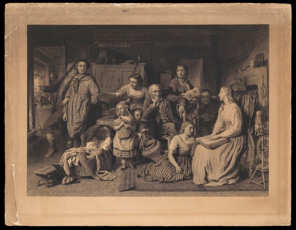 A blind girl reads the Bible by touch to her illiterate family in the dark; one man is tempted to go out and enjoy drunken revels in the daylight; representing light and darkness of the understanding. Engraving by W. Ridgway, 1871, after G. Smith.