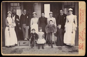 view Staff and patients at a hospital in Yorkshire, ca. 1891. Photograph by T. Holey, ca. 1891.
